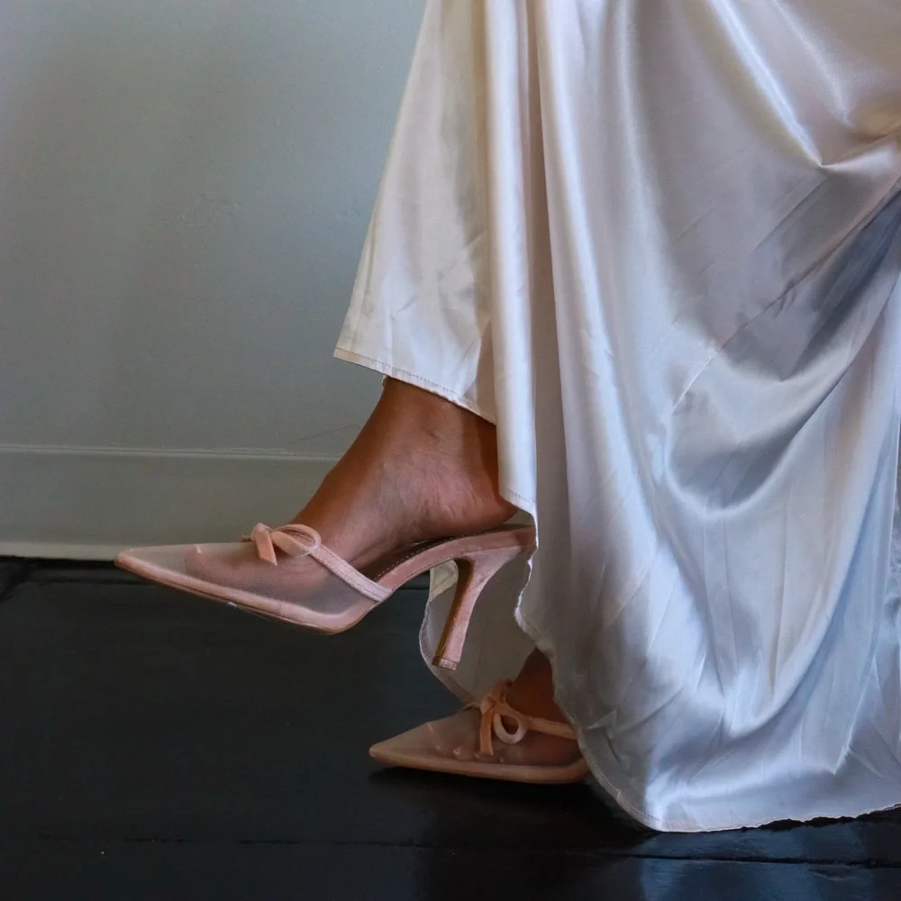 Blush Mesh Pointed Toe Heels with Bow Detail - Picture 3 of 5